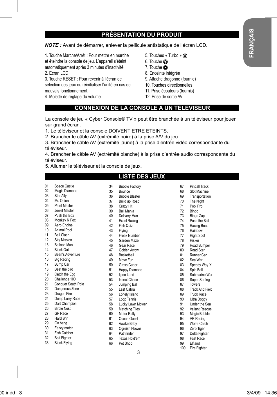 Français présentation du produit, Liste des jeux, Connexion de la console a un televiseur | Lexibook JL2200 User Manual | Page 3 / 26