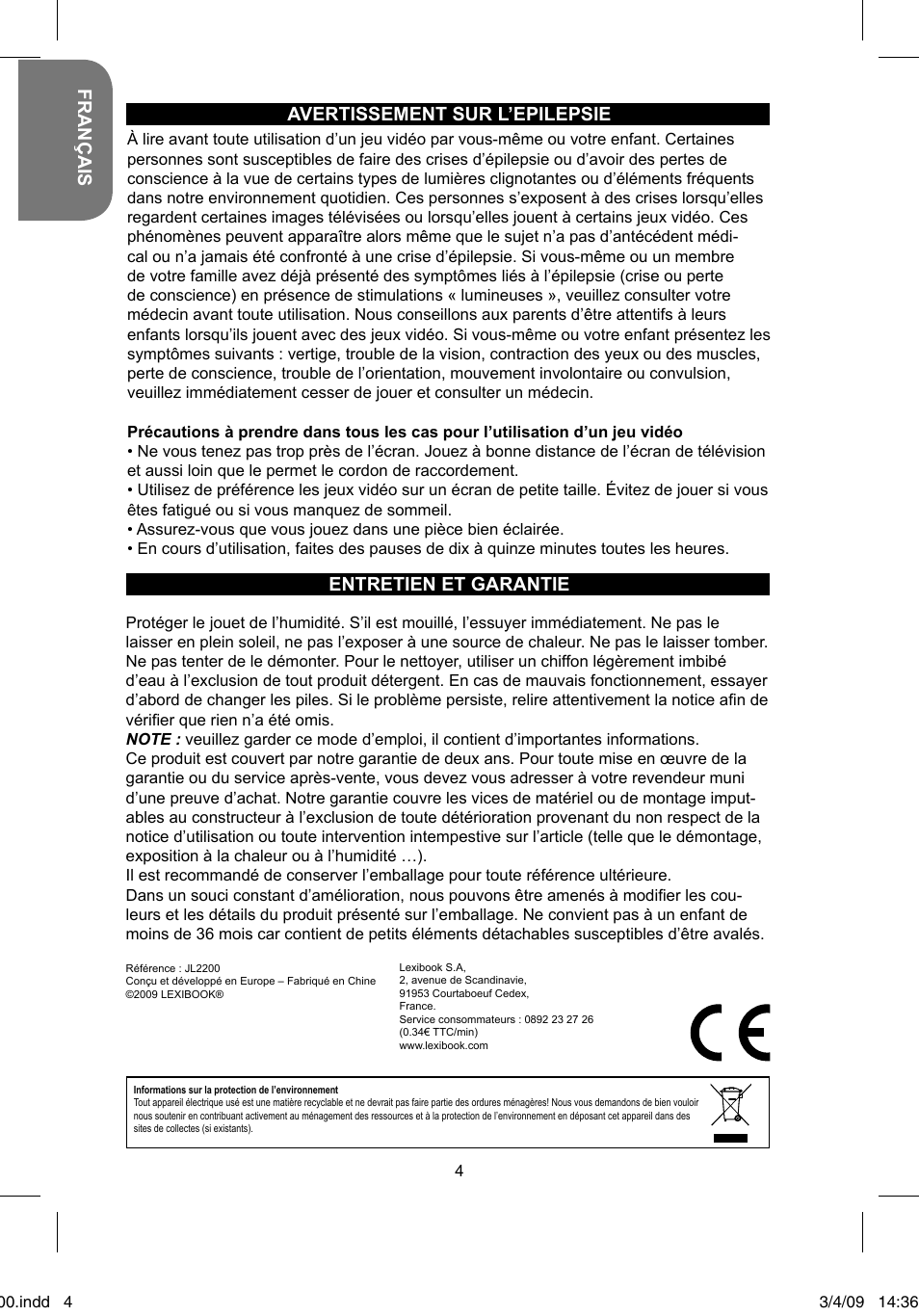 Français, Entretien et garantie, Avertissement sur l’epilepsie | Lexibook JL2200 User Manual | Page 4 / 26