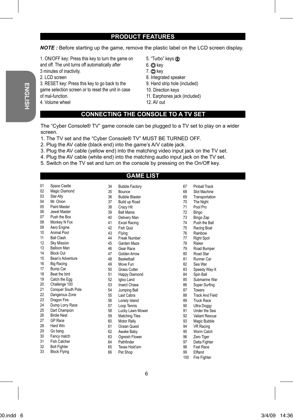 English, Product features, Game list | Connecting the console to a tv set | Lexibook JL2200 User Manual | Page 6 / 26