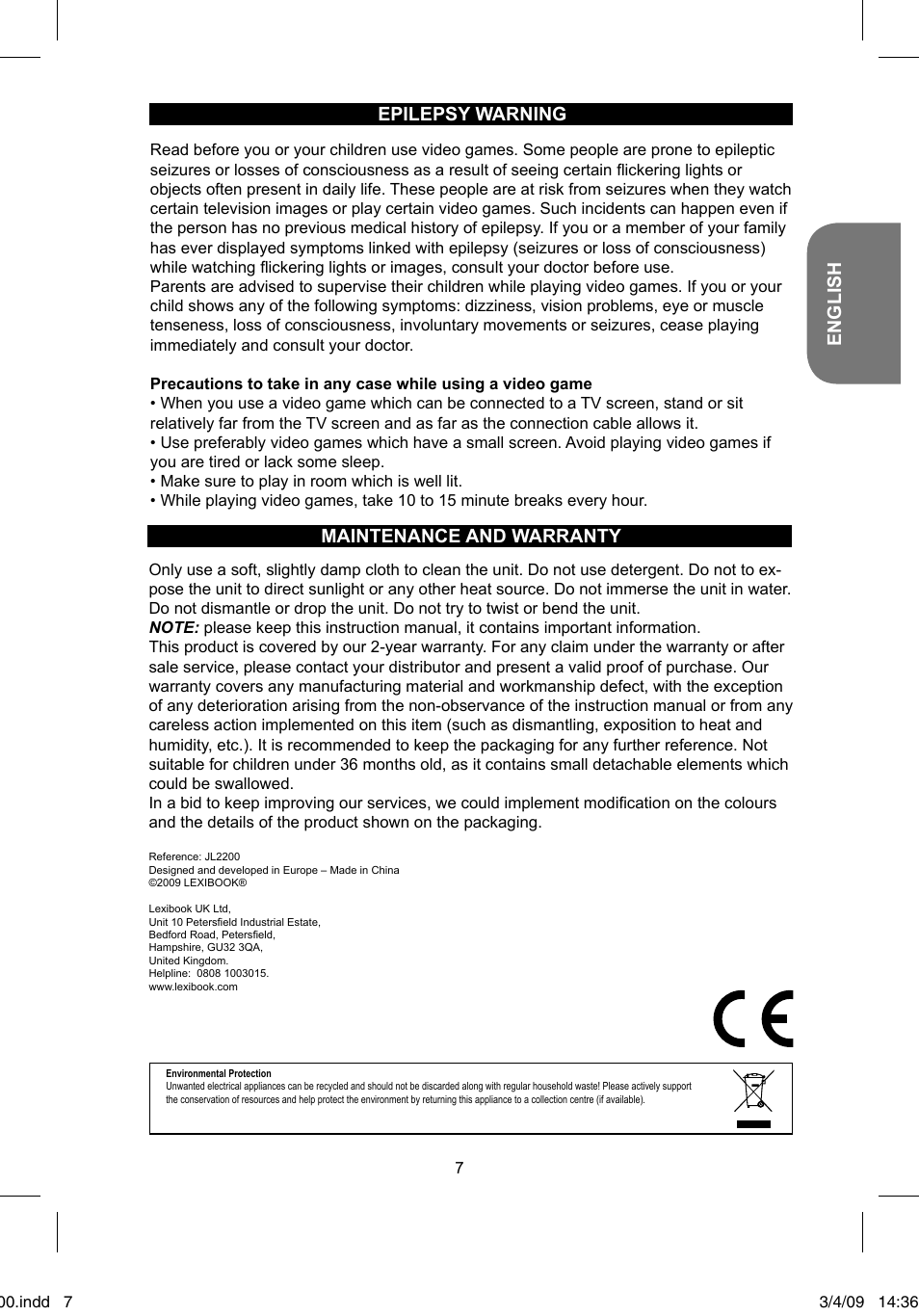 English, Maintenance and warranty, Epilepsy warning | Lexibook JL2200 User Manual | Page 7 / 26