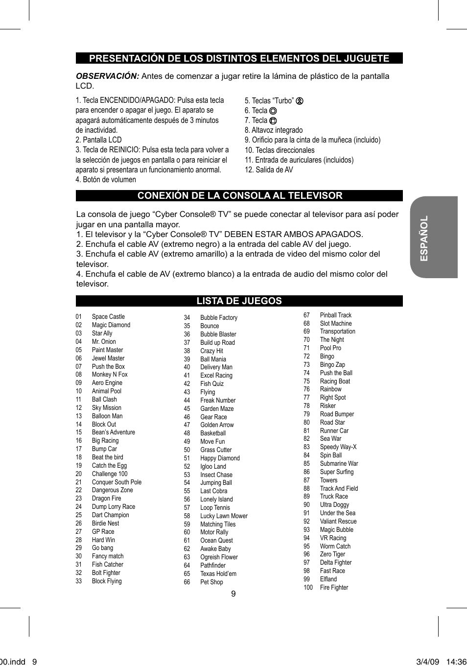 Lista de juegos, Conexión de la consola al televisor | Lexibook JL2200 User Manual | Page 9 / 26