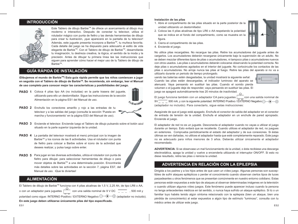 21_22.pdf, Introducción, Guía rápida de instalación | Alimentación, Advertencia en relación con la epilepsia | Lexibook IG300BB User Manual | Page 12 / 42