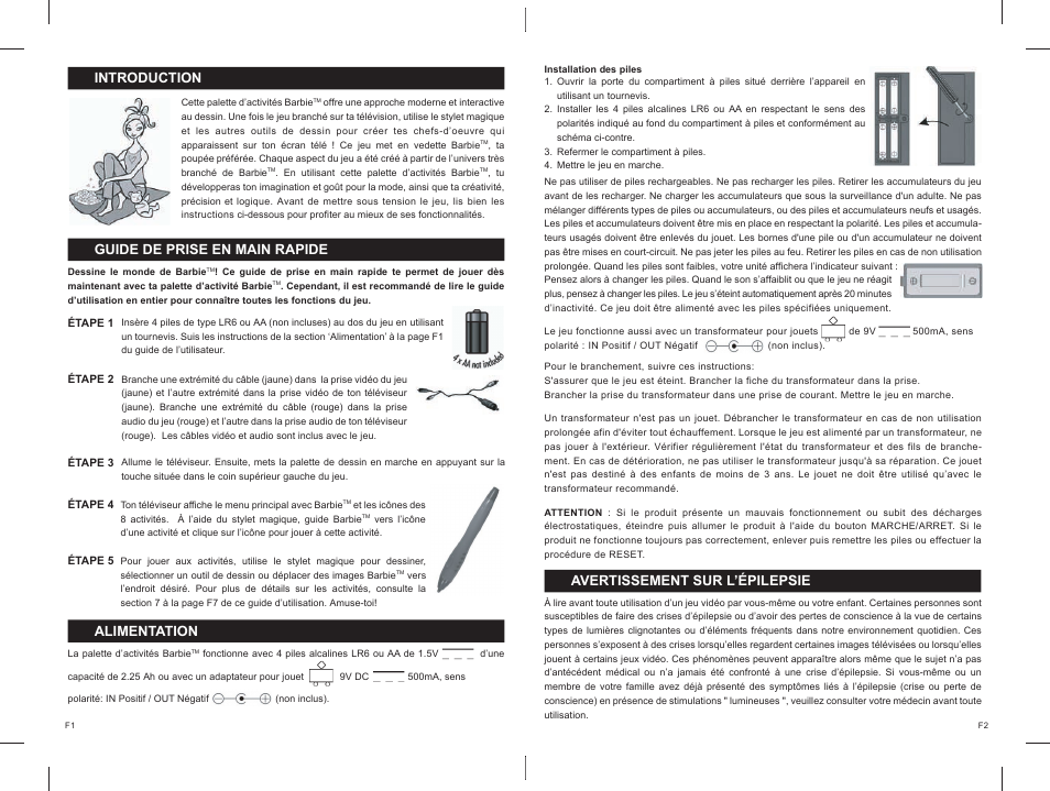 01_02.pdf, Introduction, Guide de prise en main rapide | Alimentation, Avertissement sur l’épilepsie | Lexibook IG300BB User Manual | Page 2 / 42