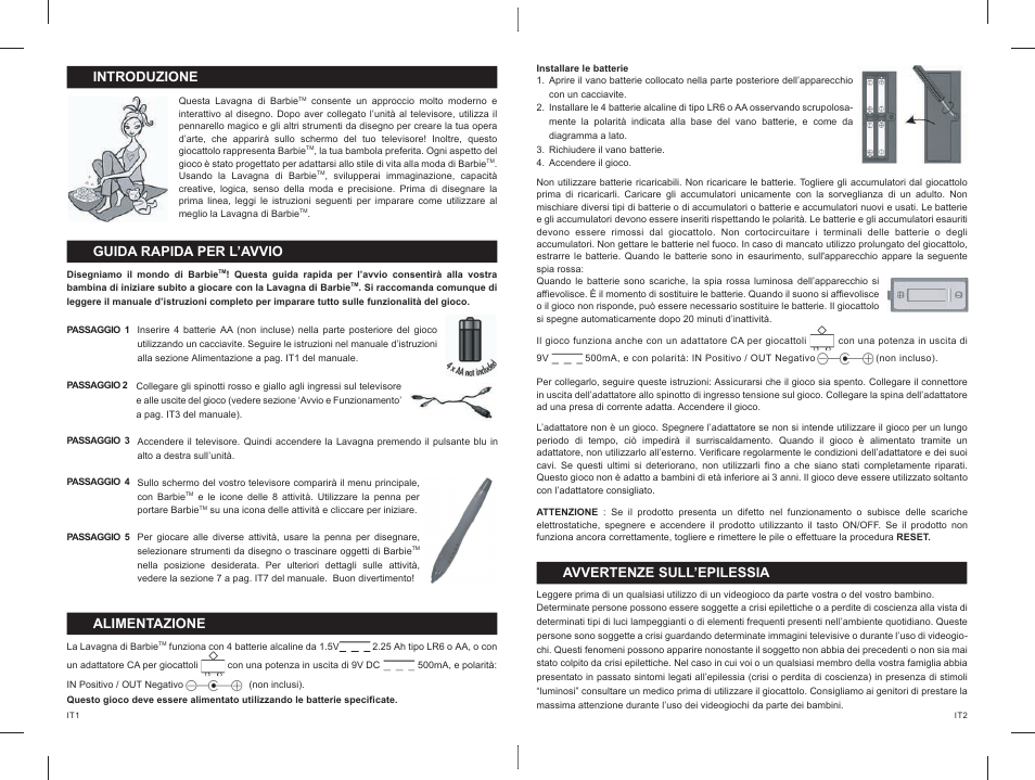 41_42.pdf, Introduzione, Guida rapida per l’avvio | Alimentazione, Avvertenze sull’epilessia | Lexibook IG300BB User Manual | Page 22 / 42