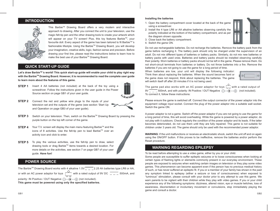 12.pdf, Introduction, Quick start-up guide | Power source, Warning regarding epilepsy | Lexibook IG300BB User Manual | Page 7 / 42