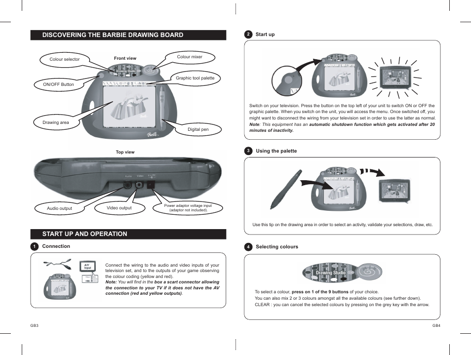 13_14.pdf, Discovering the barbie drawing board, Start up and operation | Lexibook IG300BB User Manual | Page 8 / 42