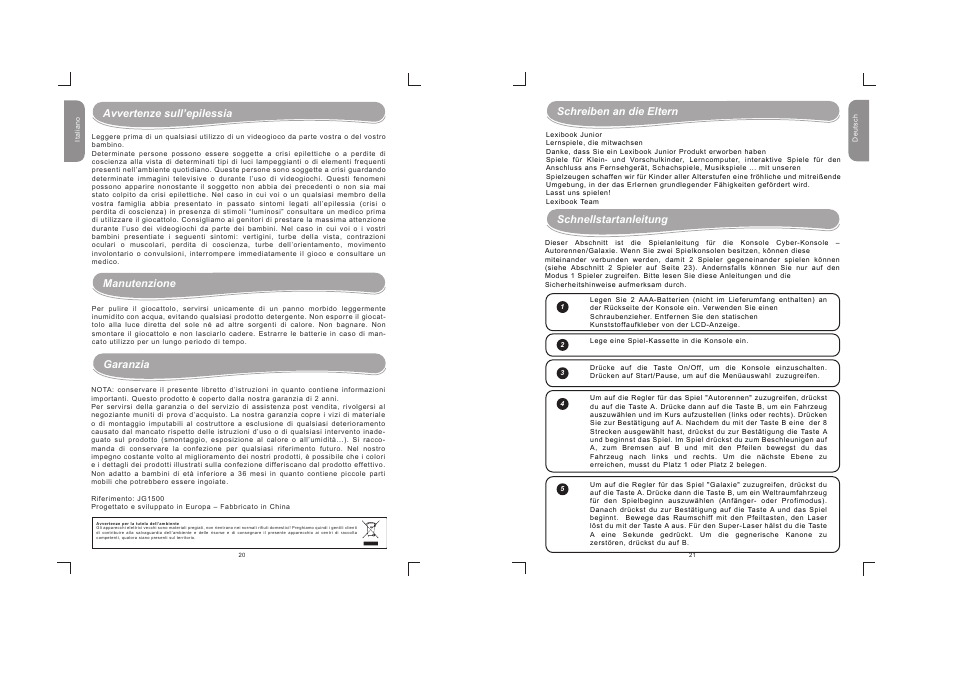 Garanzia, Manutenzione, Schreiben an die eltern schnellstartanleitung | Avvertenze sull’epilessia | Lexibook JG1500 User Manual | Page 11 / 17