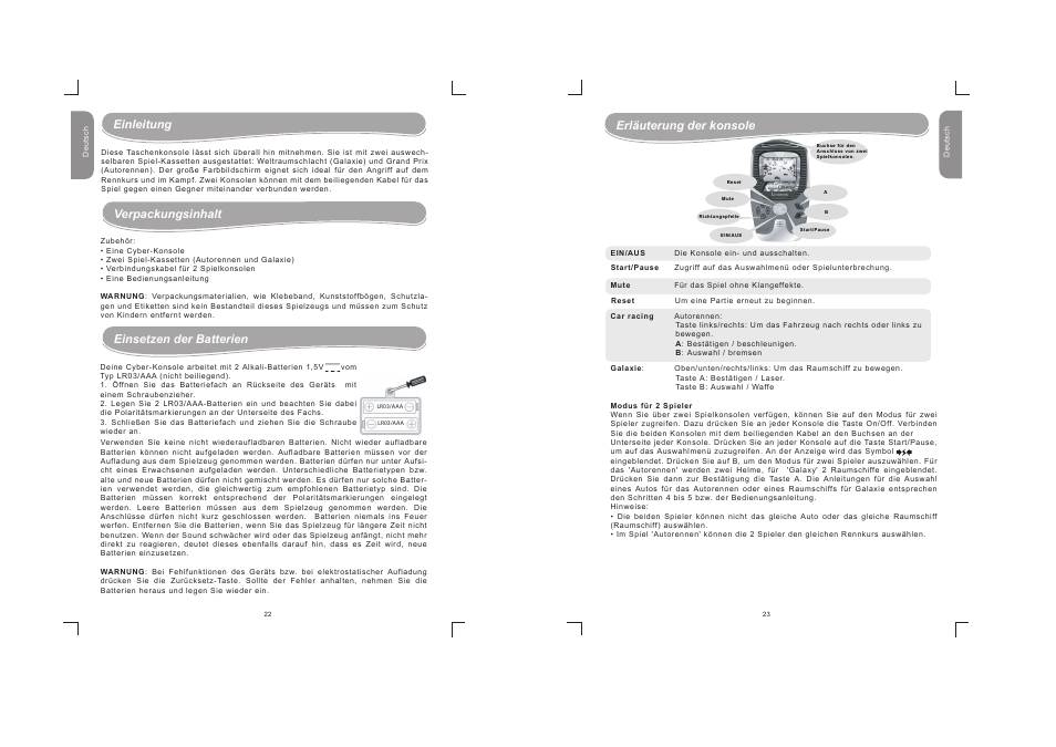 Verpackungsinhalt einsetzen der batterien, Erläuterung der konsole einleitung | Lexibook JG1500 User Manual | Page 12 / 17