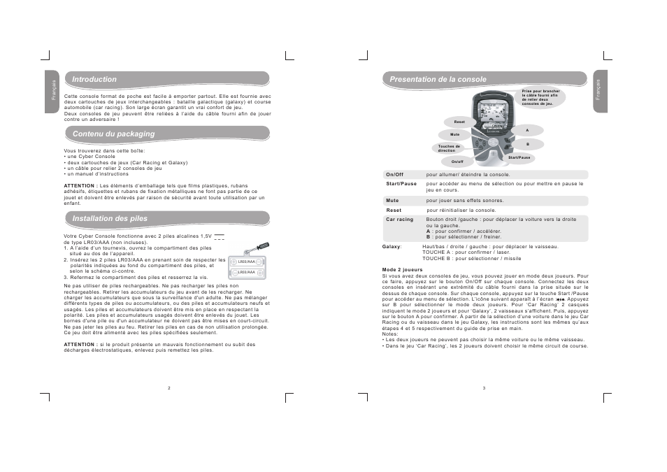 Contenu du packaging installation des piles, Presentation de la console introduction | Lexibook JG1500 User Manual | Page 2 / 17