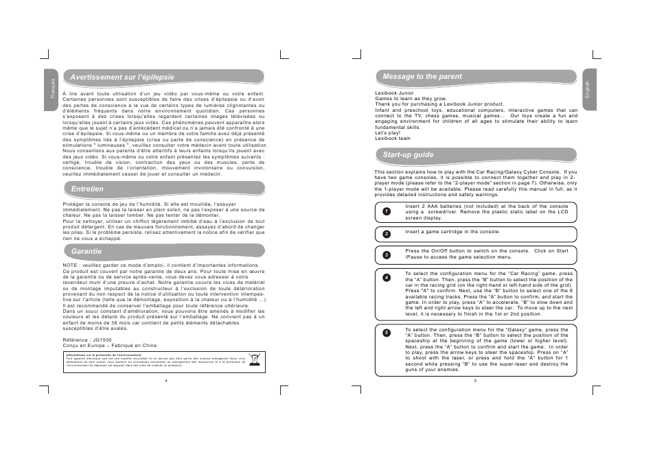 Entretien, Garantie, Message to the parent start-up guide | Avertissement sur l’épilepsie | Lexibook JG1500 User Manual | Page 3 / 17