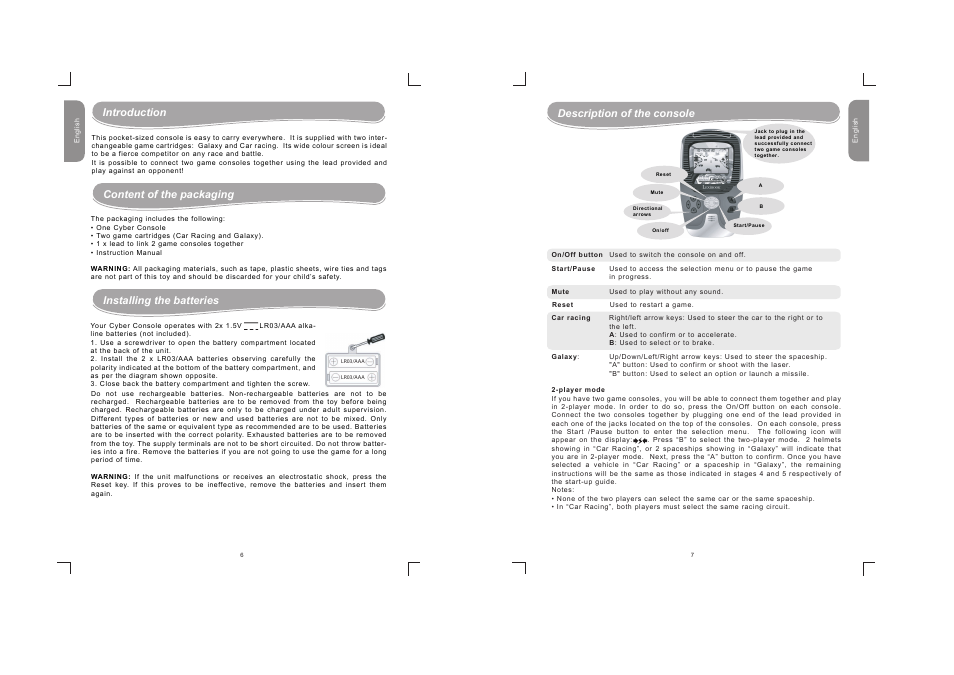 Content of the packaging installing the batteries, Introduction, Description of the console | Lexibook JG1500 User Manual | Page 4 / 17