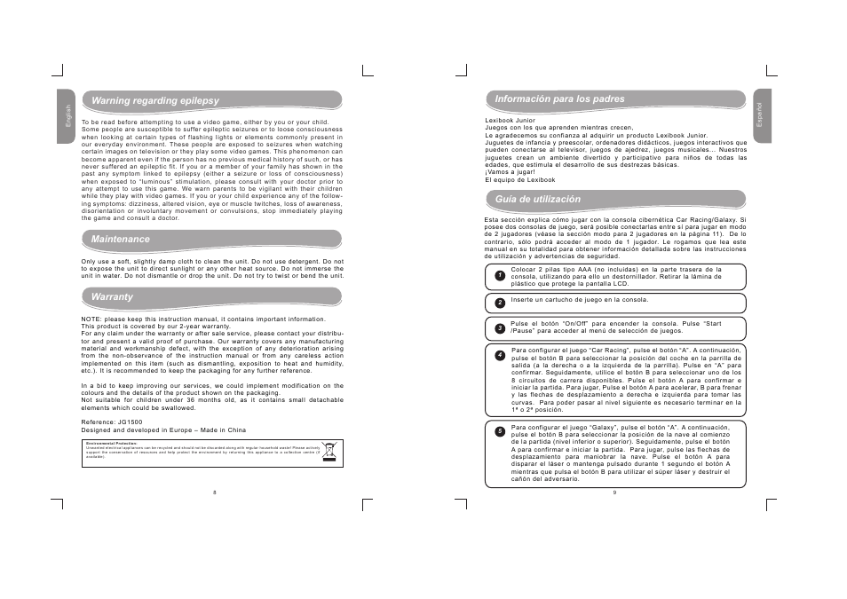 Maintenance, Warranty, Información para los padres guía de utilización | Warning regarding epilepsy | Lexibook JG1500 User Manual | Page 5 / 17