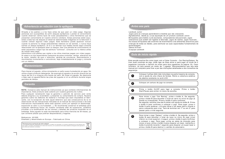 Garantia, Mantenimiento, Aviso aos pais guia de início rápido | Advertencia en relación con la epilepsia | Lexibook JG1500 User Manual | Page 7 / 17