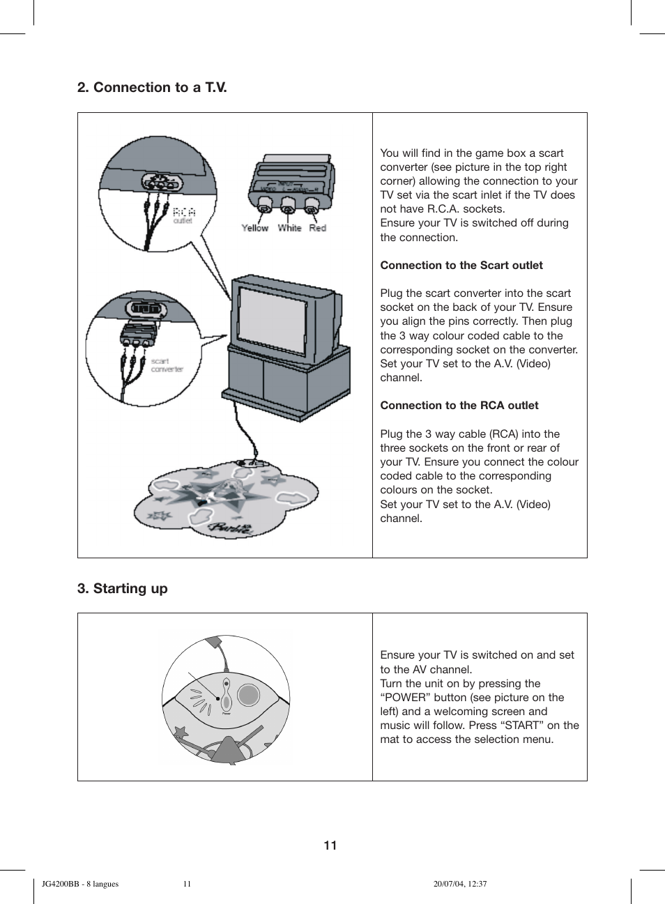 Connection to a t.v, Starting up | Lexibook JG4200BB User Manual | Page 11 / 58