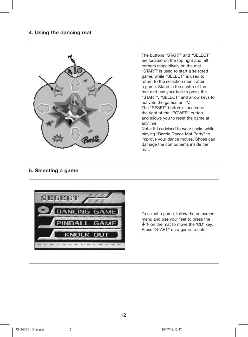 Using the dancing mat, Selecting a game | Lexibook JG4200BB User Manual | Page 12 / 58