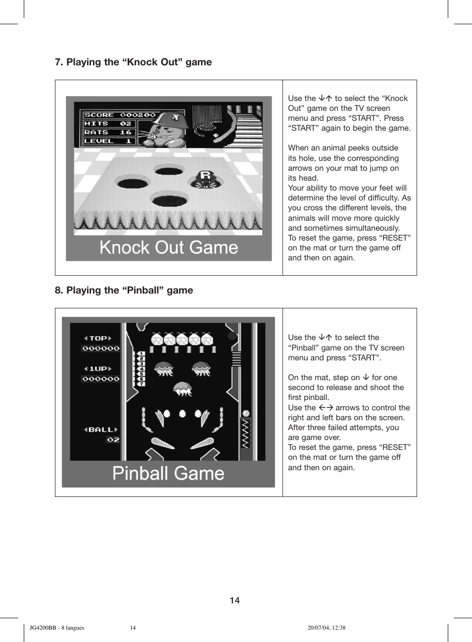 Playing the “knock out” game, Playing the “pinball” game | Lexibook JG4200BB User Manual | Page 14 / 58