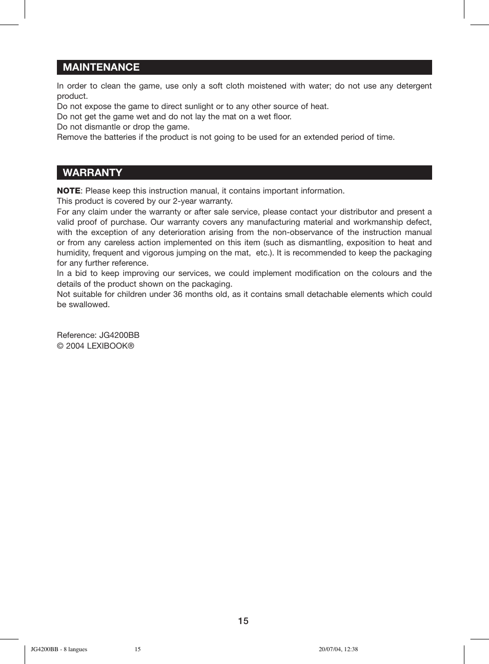 Maintenance, Warranty | Lexibook JG4200BB User Manual | Page 15 / 58