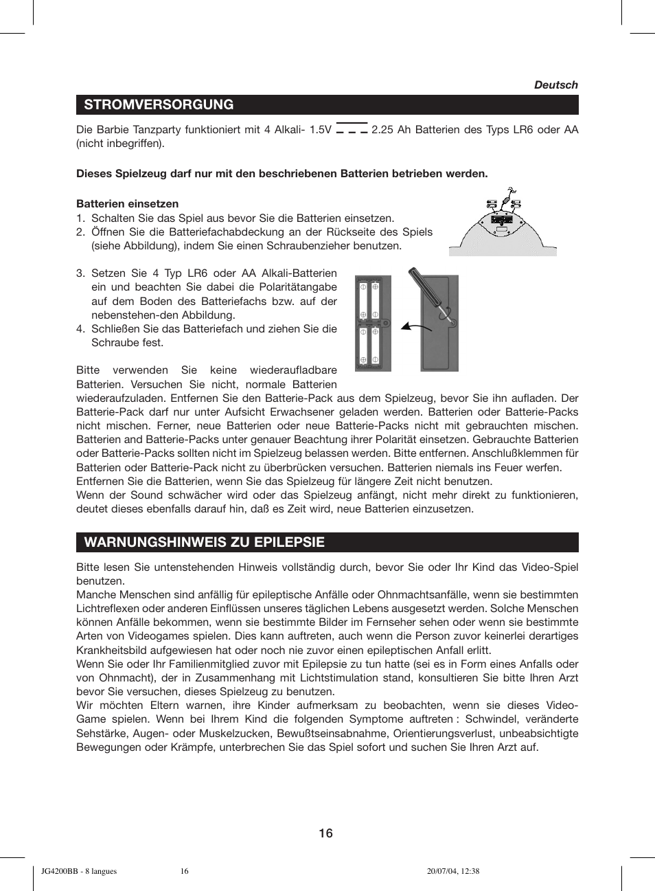 Stromversorgung, Warnungshinweis zu epilepsie | Lexibook JG4200BB User Manual | Page 16 / 58