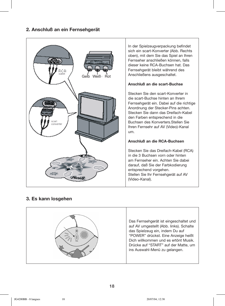 Anschluß an ein fernsehgerät, Es kann losgehen | Lexibook JG4200BB User Manual | Page 18 / 58