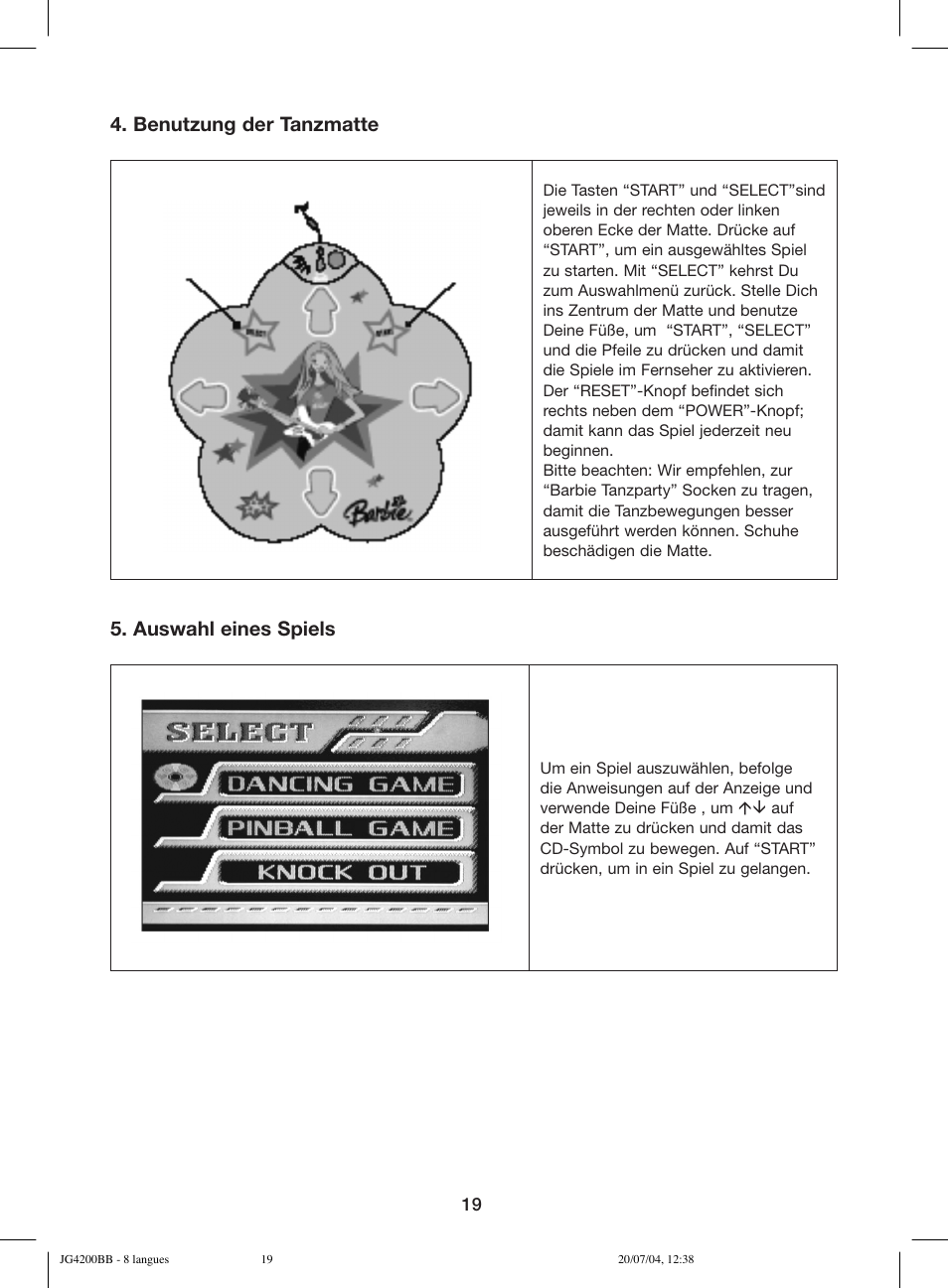 Benutzung der tanzmatte, Auswahl eines spiels | Lexibook JG4200BB User Manual | Page 19 / 58