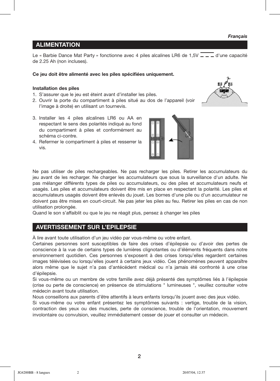 Alimentation, Avertissement sur l’epilepsie | Lexibook JG4200BB User Manual | Page 2 / 58