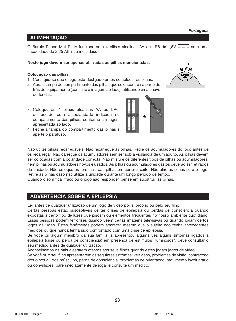 Alimentação, Advertência sobre a epilepsia | Lexibook JG4200BB User Manual | Page 23 / 58