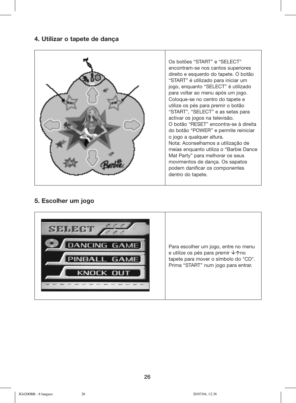 Utilizar o tapete de dança, Escolher um jogo | Lexibook JG4200BB User Manual | Page 26 / 58