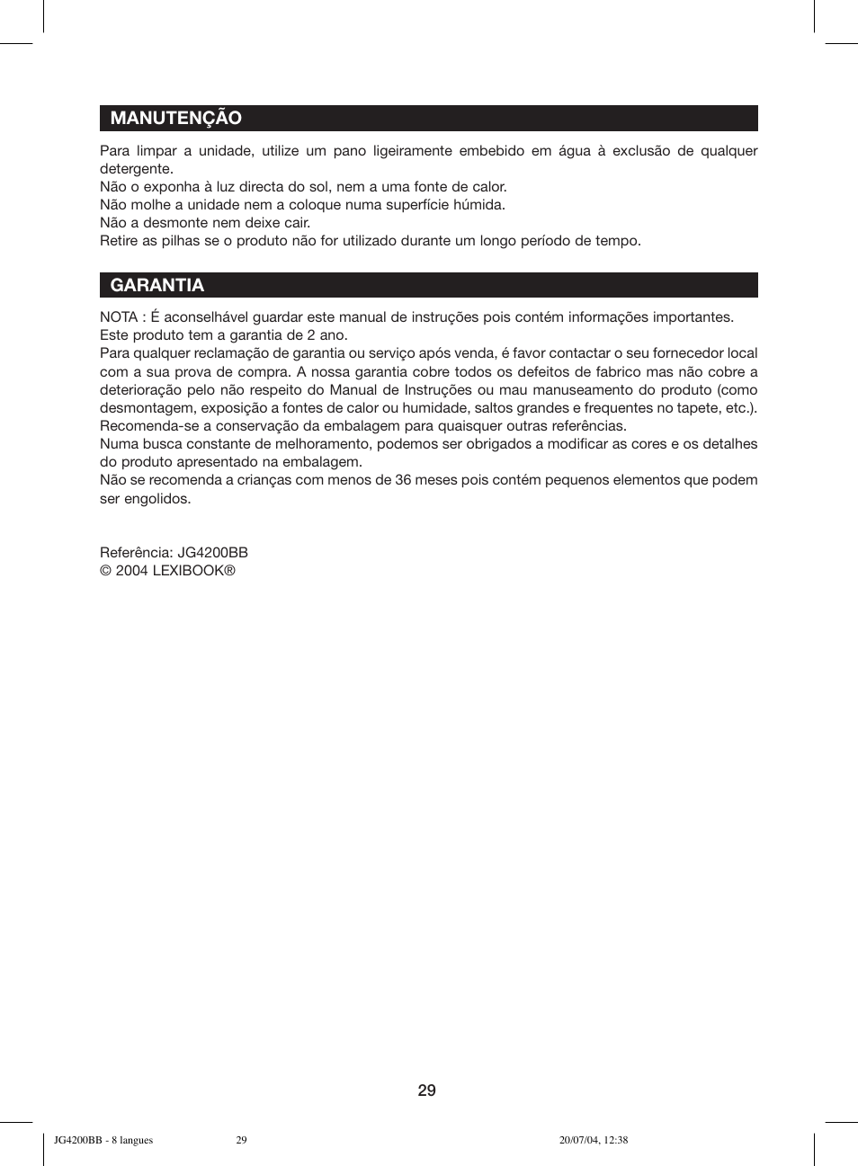 Manutenção, Garantia | Lexibook JG4200BB User Manual | Page 29 / 58