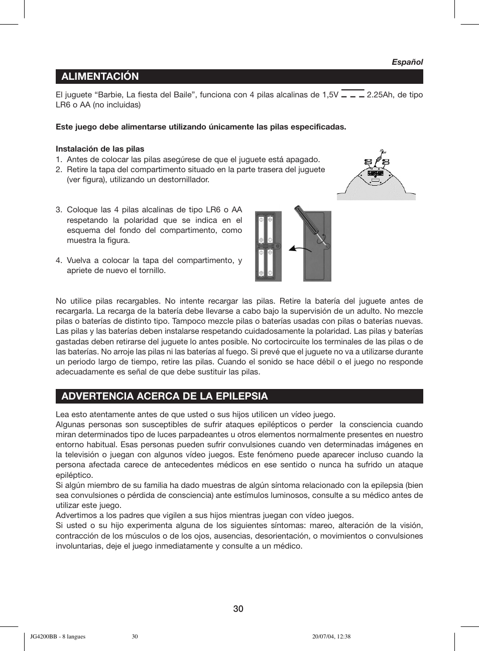 Alimentación, Advertencia acerca de la epilepsia | Lexibook JG4200BB User Manual | Page 30 / 58