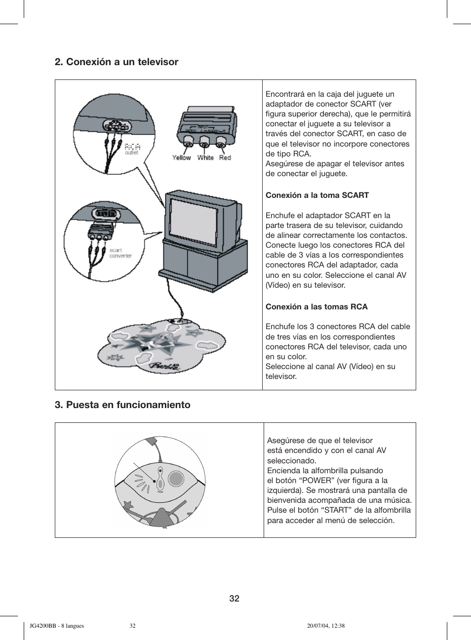 Conexión a un televisor, Puesta en funcionamiento | Lexibook JG4200BB User Manual | Page 32 / 58