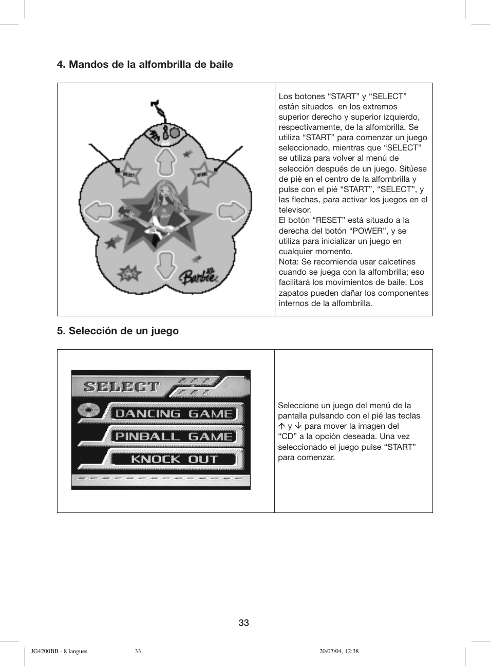 Mandos de la alfombrilla de baile, Selección de un juego | Lexibook JG4200BB User Manual | Page 33 / 58