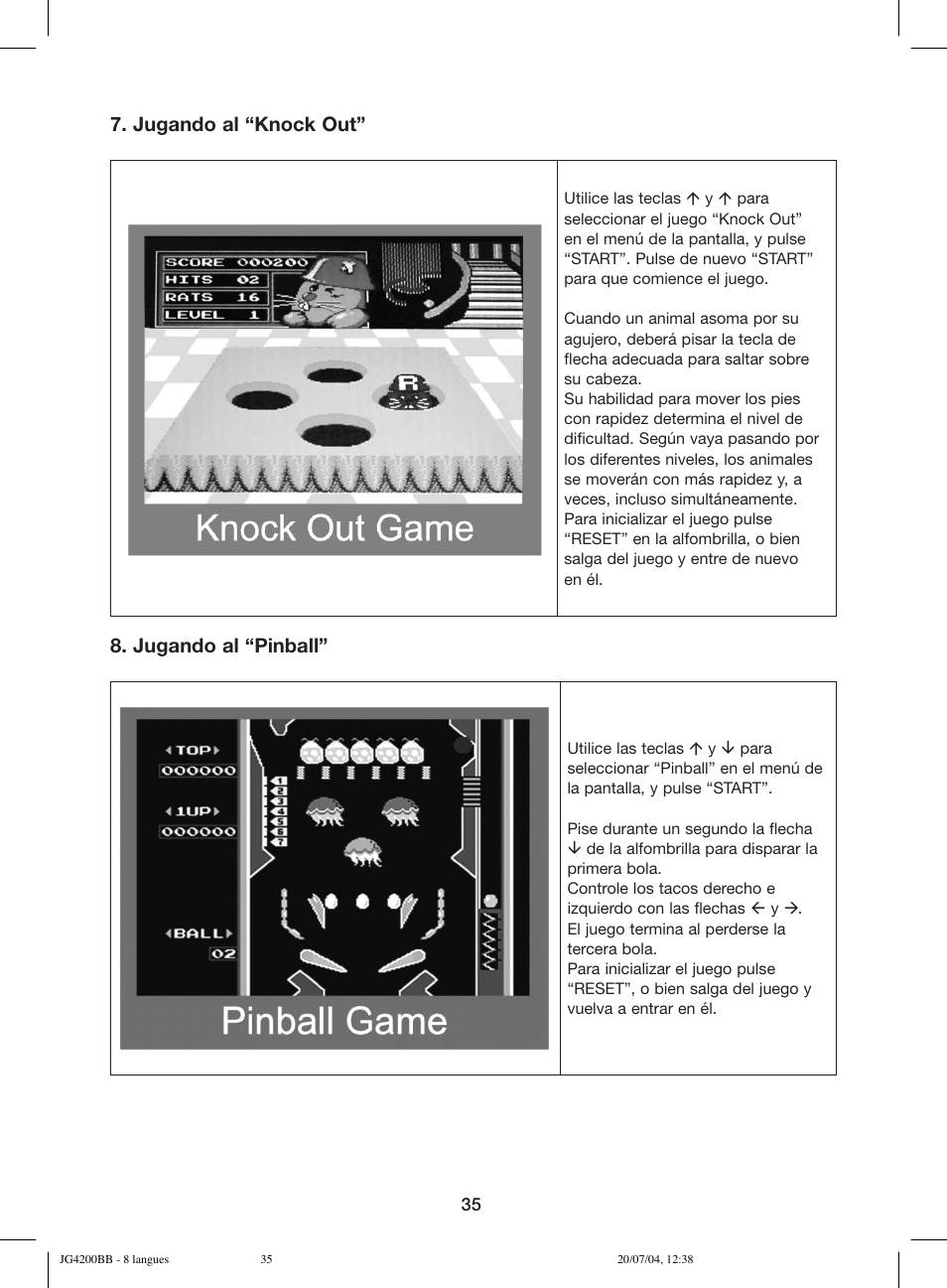 Jugando al “knock out, Jugando al “pinball | Lexibook JG4200BB User Manual | Page 35 / 58