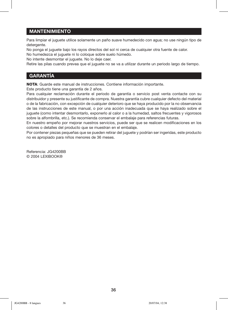 Mantenimiento, Garantía | Lexibook JG4200BB User Manual | Page 36 / 58