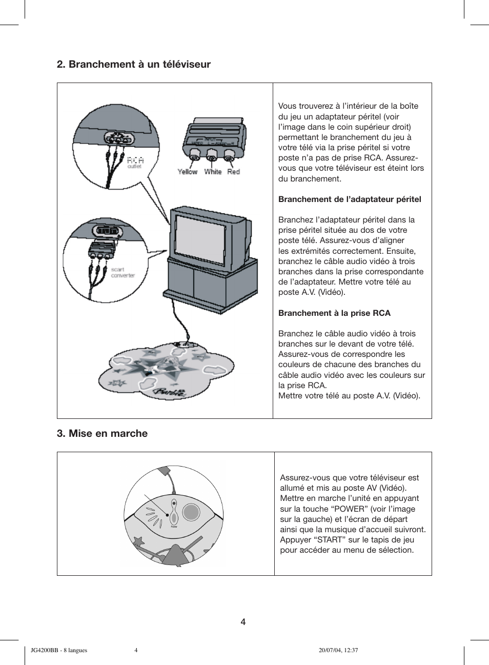 Branchement à un téléviseur, Mise en marche | Lexibook JG4200BB User Manual | Page 4 / 58