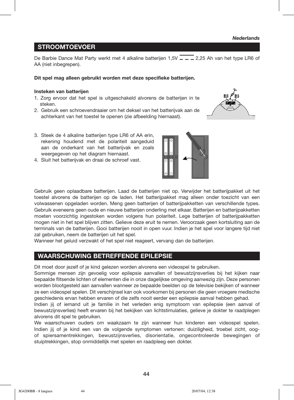 Stroomtoevoer, Waarschuwing betreffende epilepsie | Lexibook JG4200BB User Manual | Page 44 / 58