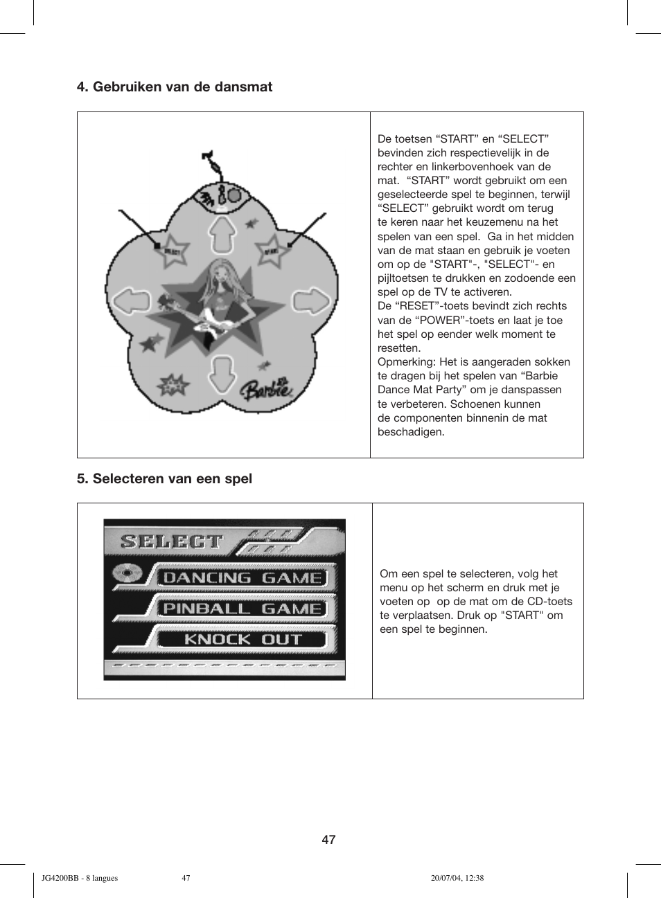 Gebruiken van de dansmat, Selecteren van een spel | Lexibook JG4200BB User Manual | Page 47 / 58