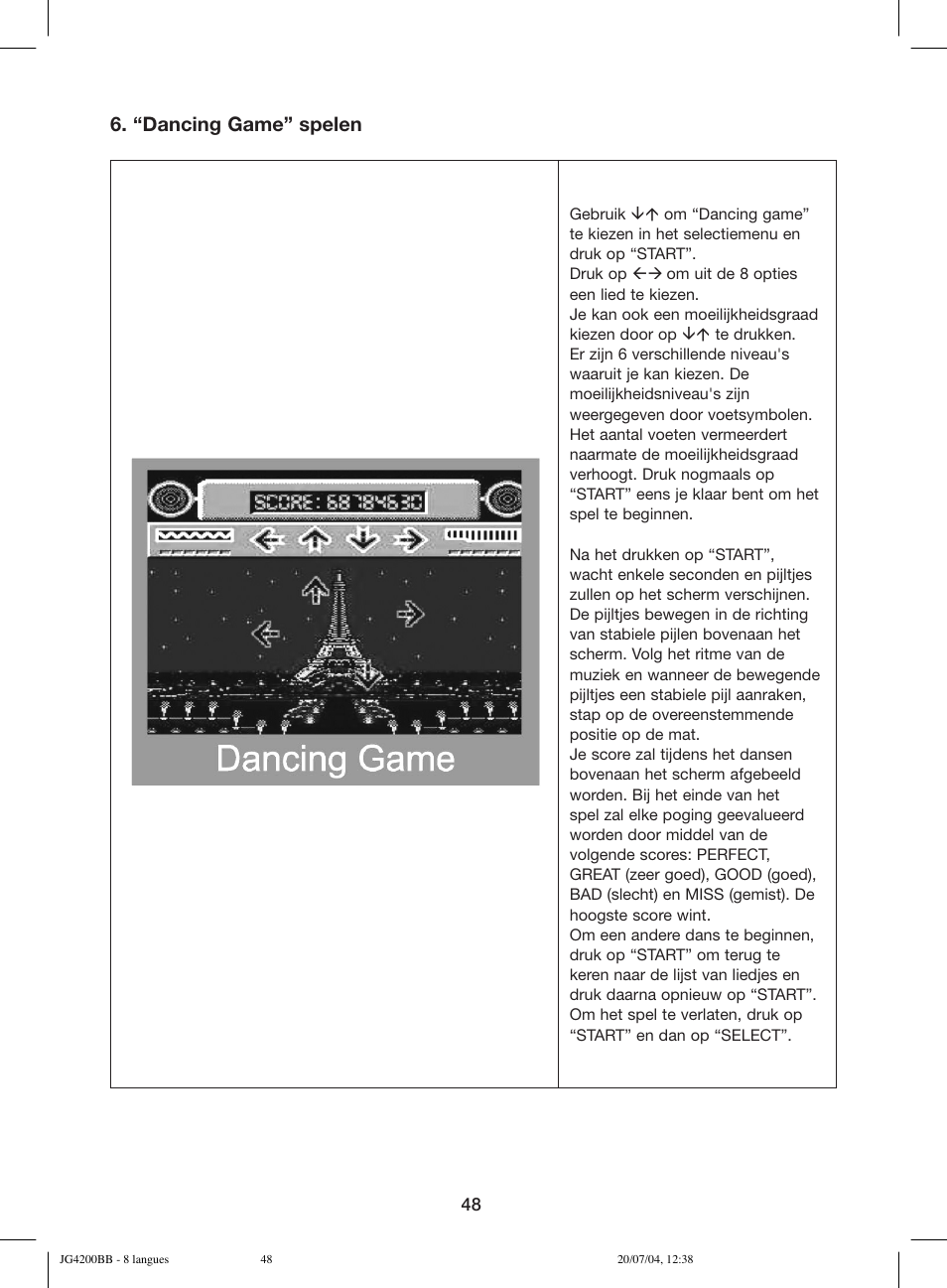 “dancing game” spelen | Lexibook JG4200BB User Manual | Page 48 / 58