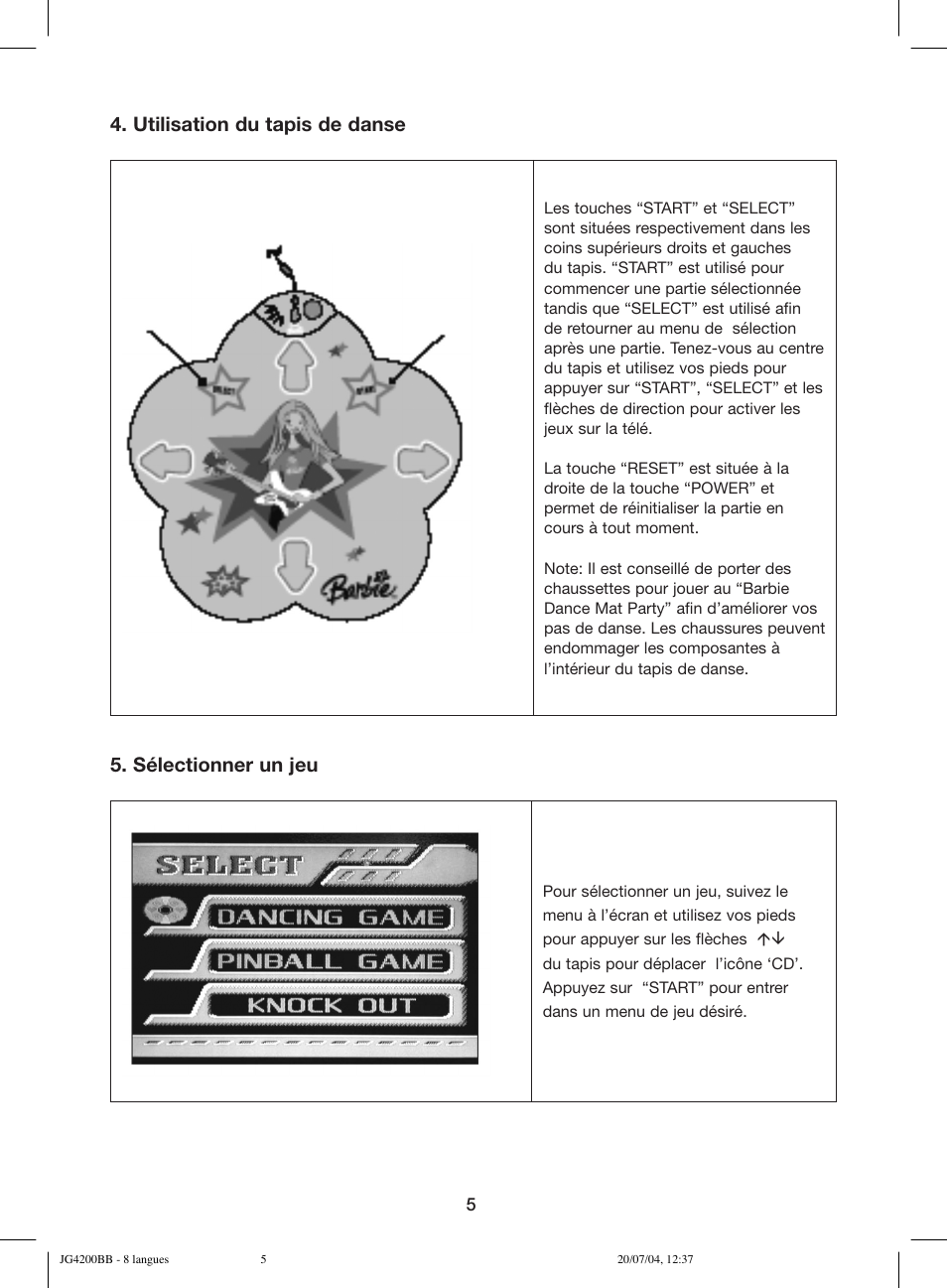 Utilisation du tapis de danse, Sélectionner un jeu | Lexibook JG4200BB User Manual | Page 5 / 58