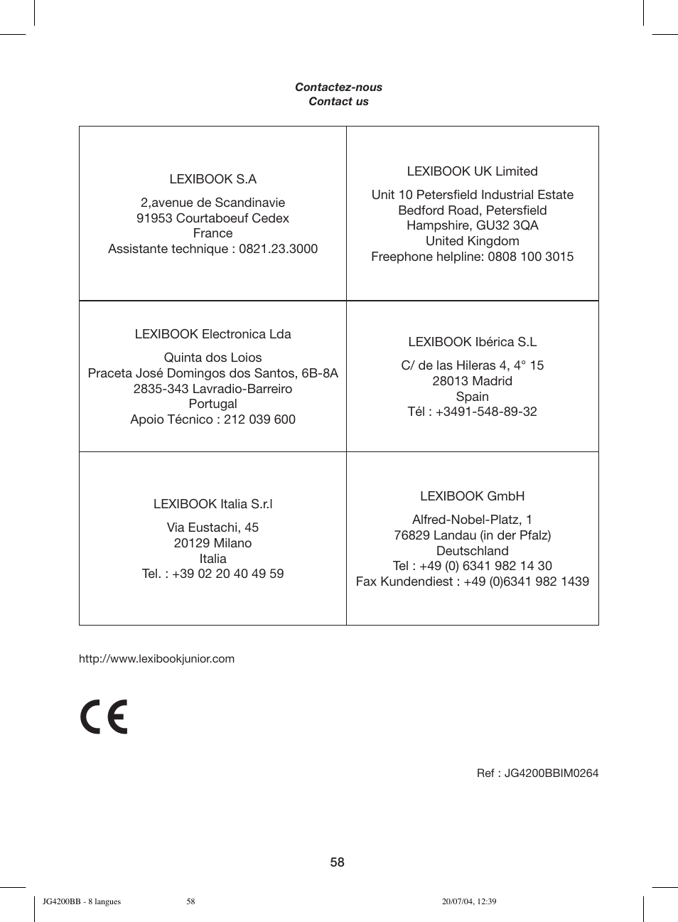 Lexibook JG4200BB User Manual | Page 58 / 58