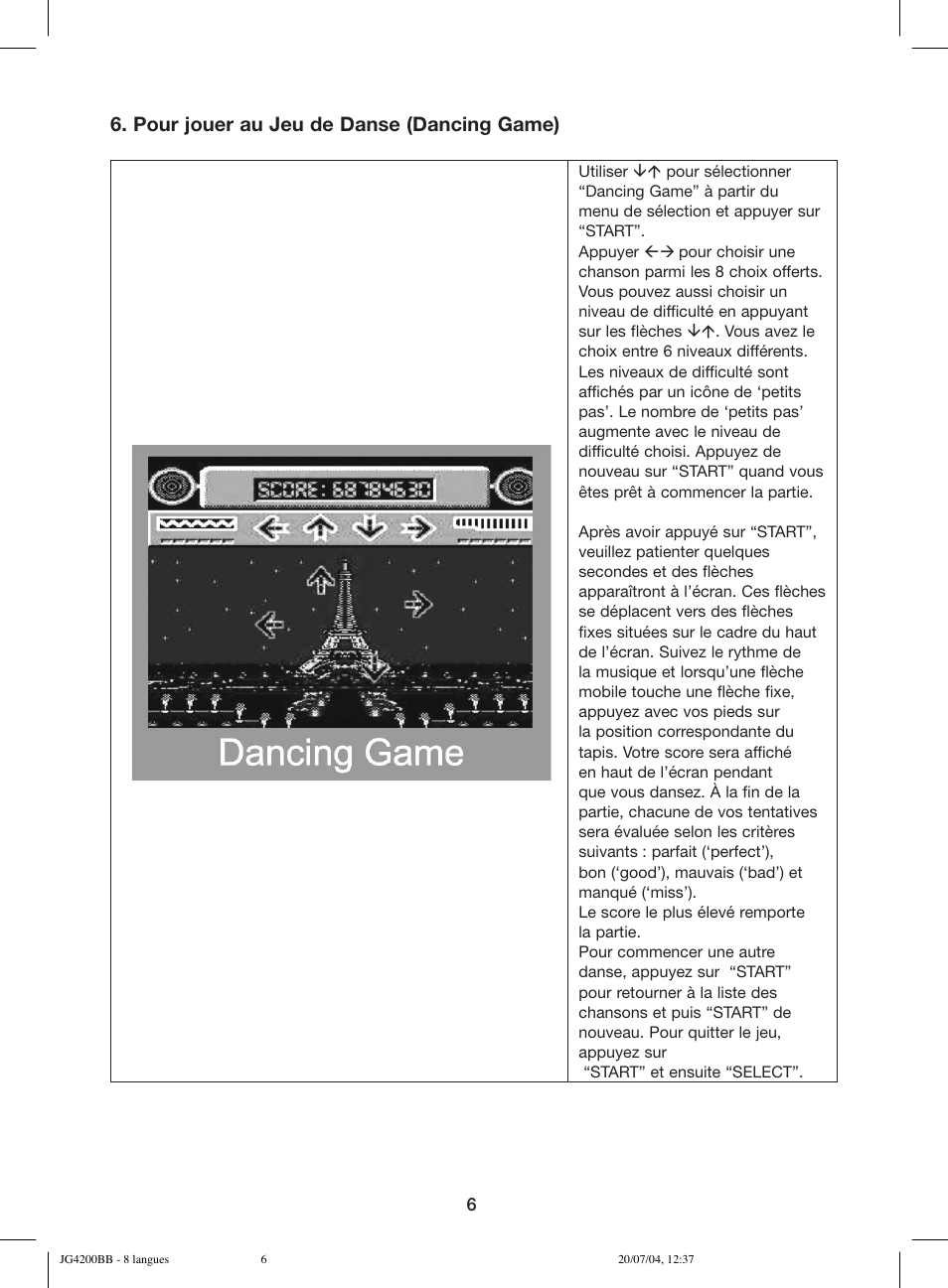 Pour jouer au jeu de danse (dancing game) | Lexibook JG4200BB User Manual | Page 6 / 58