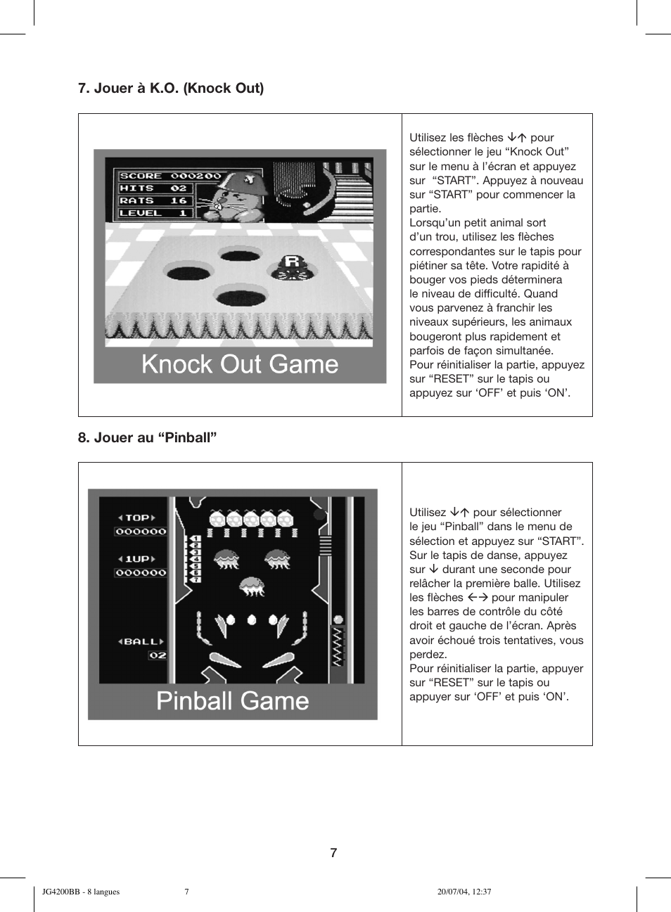 Jouer à k.o. (knock out), Jouer au “pinball | Lexibook JG4200BB User Manual | Page 7 / 58