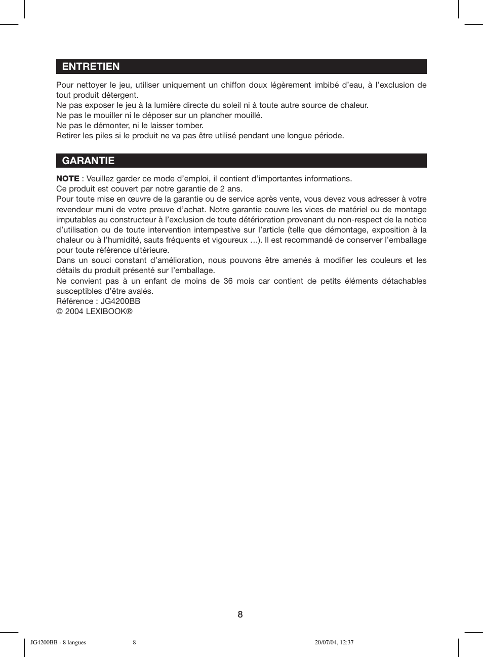 Entretien, Garantie | Lexibook JG4200BB User Manual | Page 8 / 58