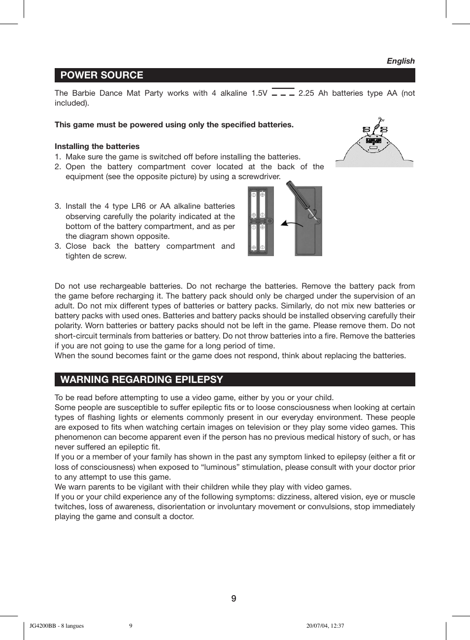 Power source, Warning regarding epilepsy | Lexibook JG4200BB User Manual | Page 9 / 58