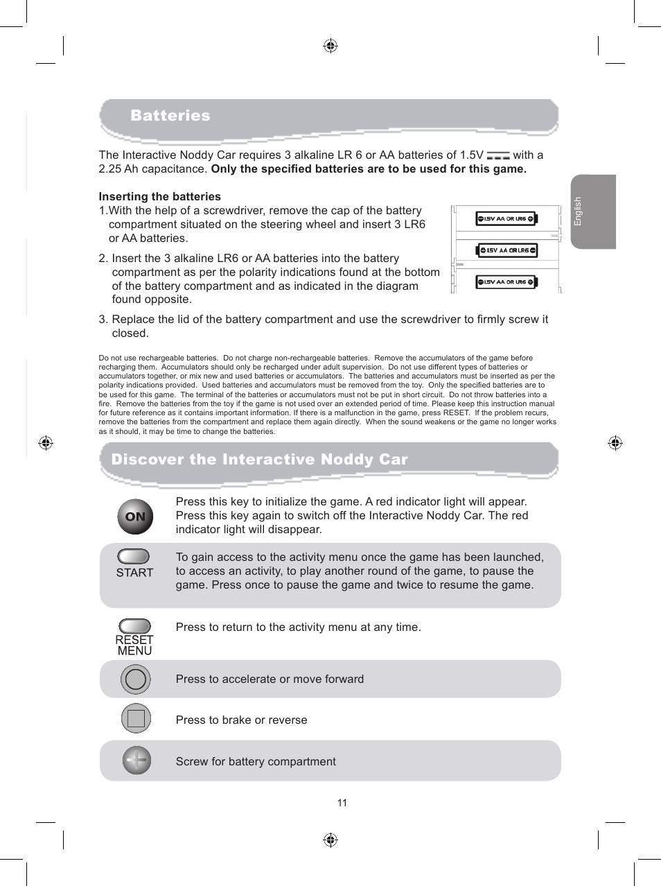 Discover the interactive noddy car, Contents of the box, Batteries | Lexibook JG6000NO User Manual | Page 11 / 33