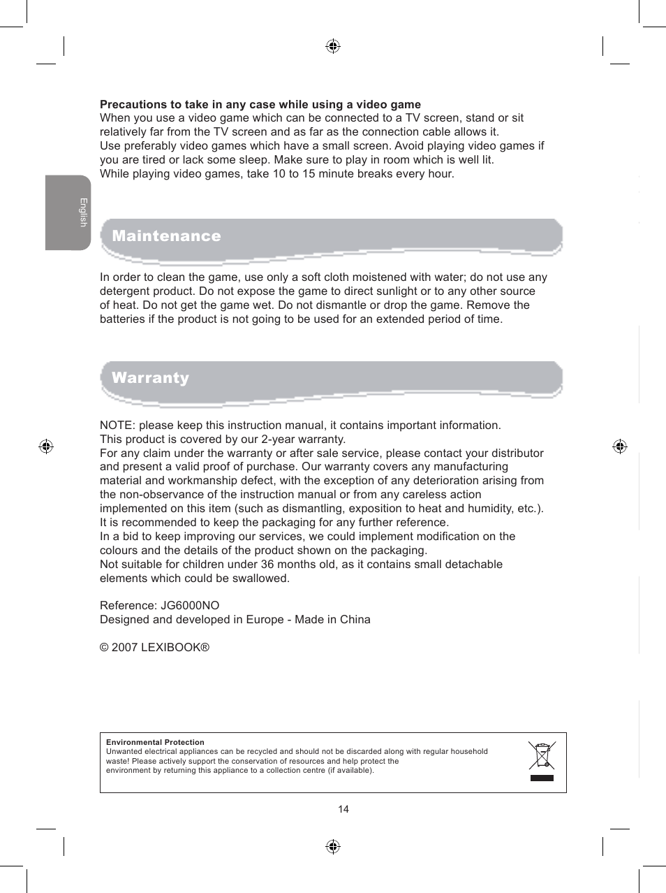 Maintenance, Warranty, Guía de utilización | Lexibook JG6000NO User Manual | Page 14 / 33