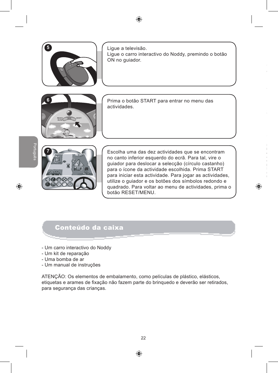 Conteúdo da caixa, Alimentação, À descoberta do carro interactivo do noddy | Lexibook JG6000NO User Manual | Page 22 / 33