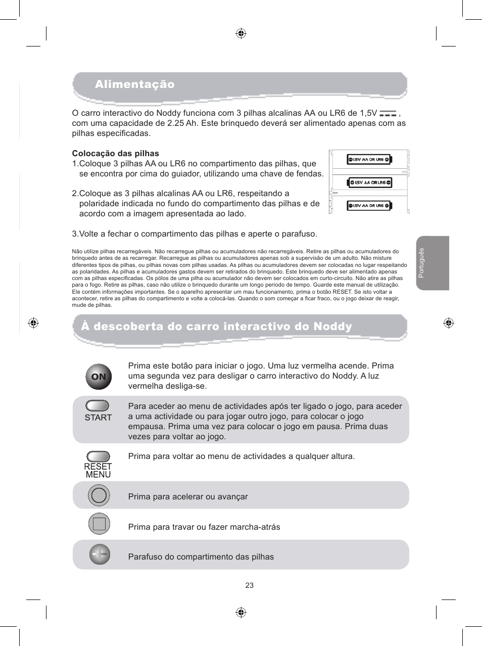 Conteúdo da caixa, Alimentação, À descoberta do carro interactivo do noddy | Lexibook JG6000NO User Manual | Page 23 / 33