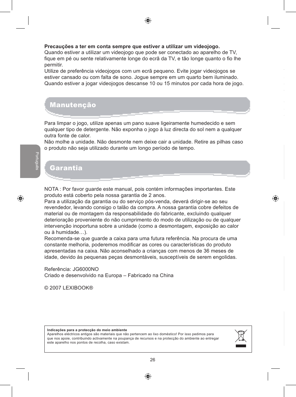 Manutenção, Garantia, Gebruikshanleiding | Lexibook JG6000NO User Manual | Page 26 / 33