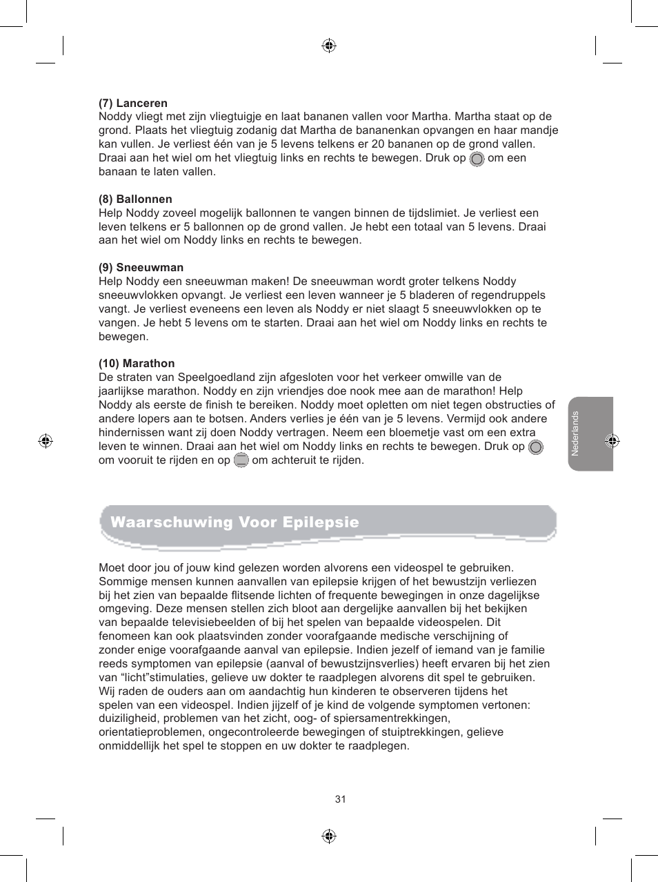 Lijst met activiteiten waarschuwing voor epilepsie | Lexibook JG6000NO User Manual | Page 31 / 33