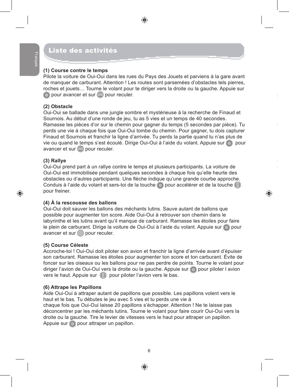 Liste des activités avertissement sur l’épilepsie | Lexibook JG6000NO User Manual | Page 6 / 33